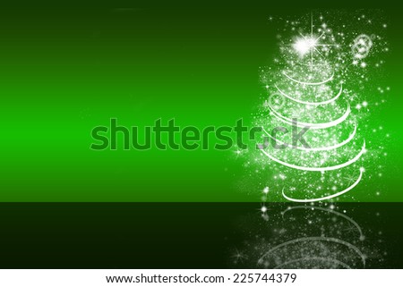 illustration of white christmas tree, green and black background, reflection