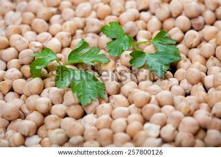 uncooked chick peas with fresh parsley on top