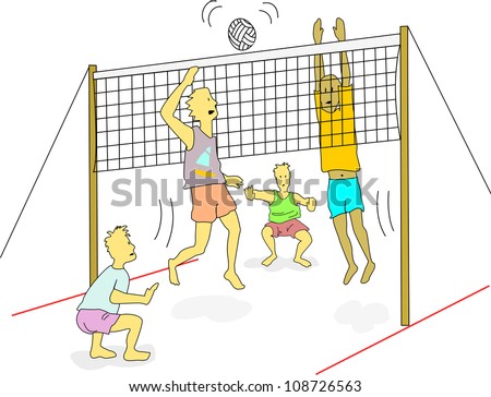 Young men wearing light weight clothes play beach volleyball outdoors.
