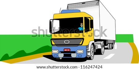 Yellow, blue and white cargo truck moves on an empty road.
