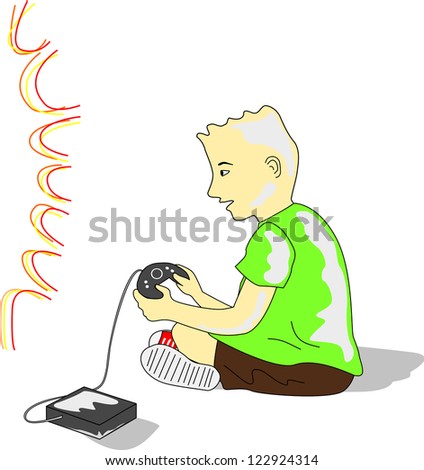 Kid wearing a green tee and brown shorts plays video game in front of TV.