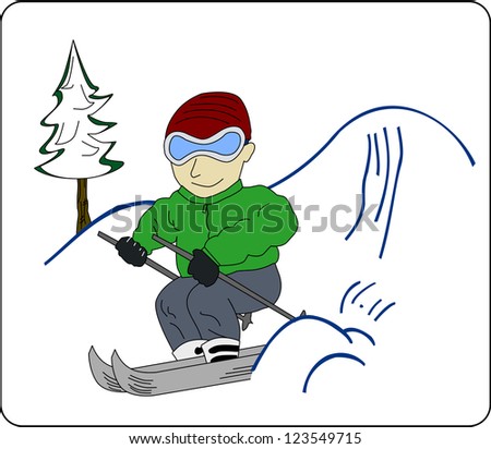 Youngster in winter sportswear runs down snowy hill.