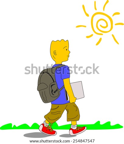 Kid wearing blue shirt, brown pants and red sneakers walks to school carrying his backpack and a file, on a sunny day.