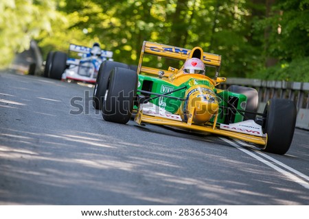AARHUS, DENMARK - MAY 24 2015: Lorina McLaughlin in a Benneton B1992 formula one racing car at the Classic Race Aarhus 2015 - this car has previously been driven by Michael Schumacher