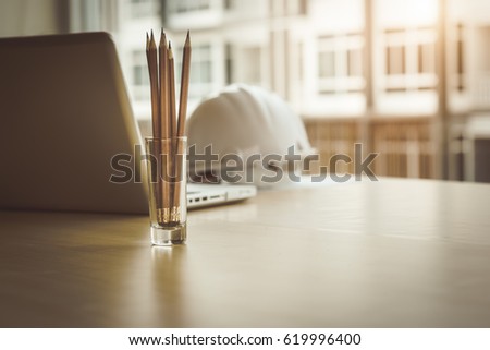 Architectural Office desk background construction project ideas concept, With drawing equipment with mining light