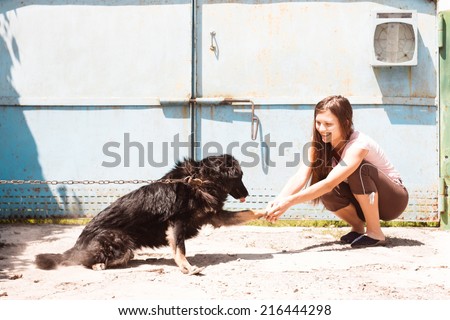 Girl and dog. Friendship. Handshake