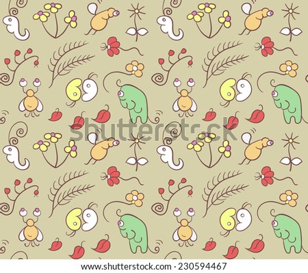Seamless pattern with cartoon insects. Funny fantastic animals. Illustration with flowers and insects in garden. Can be used for pattern fills, wallpapers, web page, surface textures