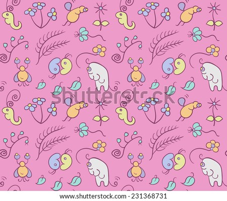 Seamless pattern with cartoon insects. Funny fantastic animals. Illustration with flowers and insects in garden. Can be used for pattern fills, wallpapers, web page, surface textures