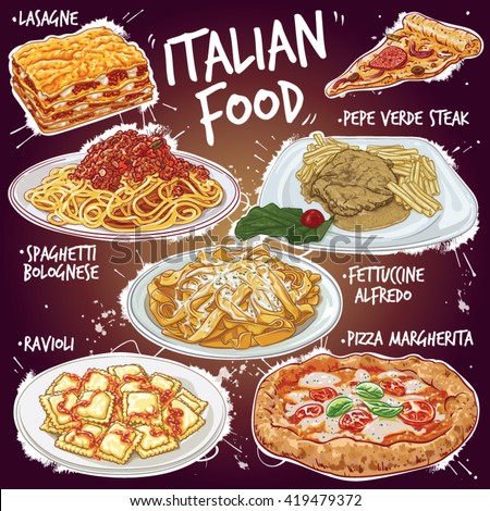 Hand drawn vector illustration of popular Italian Food; 7 traditional Italian dishes, Lasagne, Spaghetti Bolognese, Pepe Verde Steak, Fettuccine Alfredo, Pizza Margherita and Ravioli.