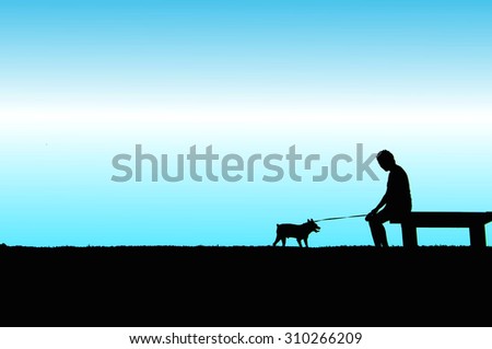 The silhouette man with dog with blue background