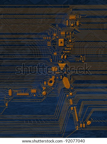 Computer circuit main-board illustration simulating running man. Electronic technical background with running human silhouette.