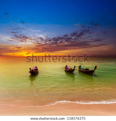 Sea Landscape Nature Background. Tropical Sunset And Boats