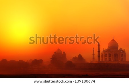 India, Taj Mahal. Indian palace Tajmahal world landmark. Sunset landscape background