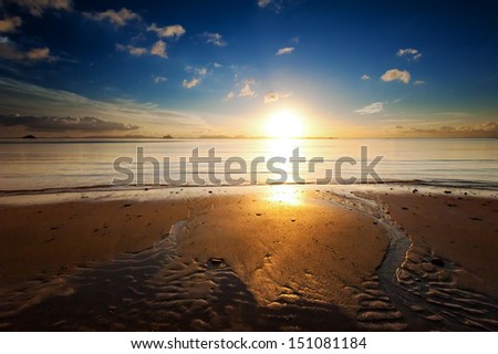 Sunrise sea beach sky landscape. Beautiful sun light reflection in ocean water nature background