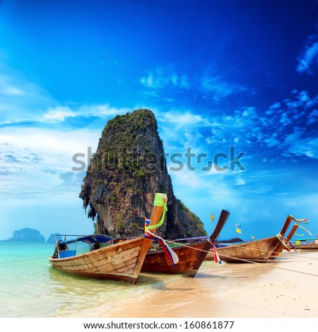 Thailand Exotic Sand Beach And Boats In Asian Tropical Island. Beautiful Tourism Destination Travel Landscape Background