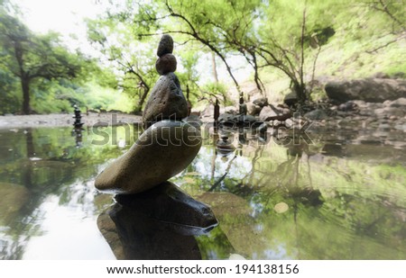 Zen meditation landscape. Calm and spiritual nature environment. Stone balance