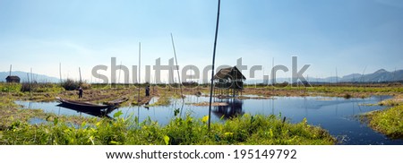 Inle Lake Myanmar, Shan state. Floating gardens of rural Intha village farms on water. Eco nature panorama