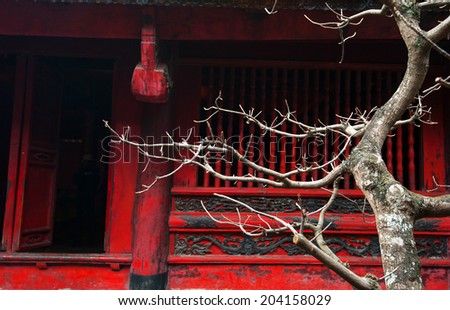 Temple of Literature in Hanoi, Vietnam. Architecture details of popular tourist site and city landmark. (Selective focus on tree branches)