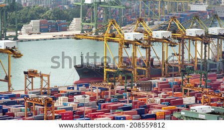SINGAPORE - 2 JAN, 2014: Commercial port of Singapore. Bird eye panoramic view of busiest Asian cargo port with hundreds of ships loading export and import goods and thousands of containers in harbor