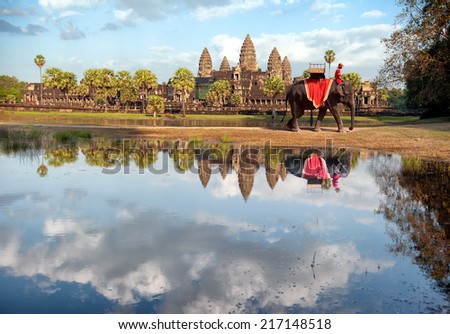Cambodia, Siem Reap, Angkor wat khmer temple landscape photography with elephant. Travel to Asia