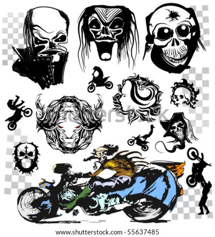 stock vector : vector skull moto tattoo collection, race silhouette set