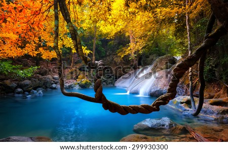 Amazing beauty of Asian nature. Tropical waterfall flows through dense jungle forest and falls into wild pond