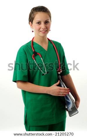 Pretty woman in green medical scrubs