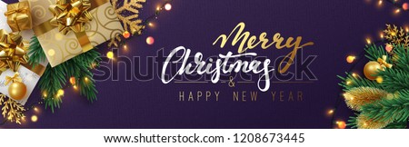 Christmas banner, Xmas sparkling lights garland with gifts box and golden tinsel. Horizontal christmas posters, cards, headers, website.
