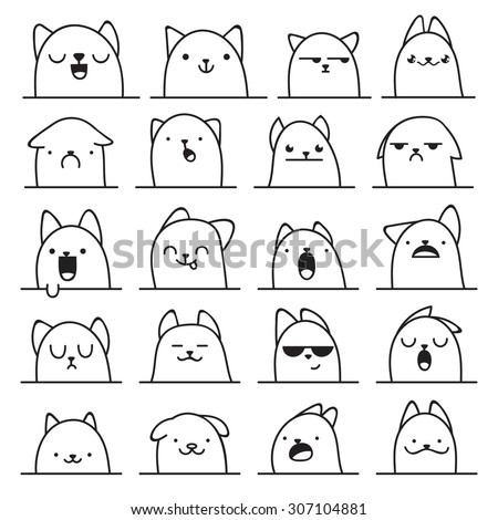 Set of 20 different doodle emotions cat. Emotions for design. Anime. Icons cat emotion. Anger and joy. Surprised and hurt. Indifference and shock. Laughter and tears. Indifference and bewilderment