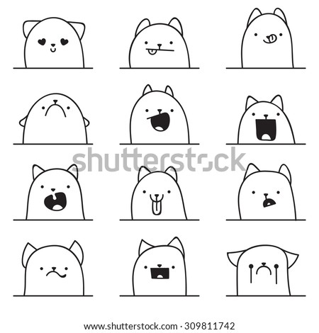 Set of 12 different doodle emotions cat. Emotions for design. Anime. Icons cat emotion. Anger and joy. Surprised and hurt. Indifference and shock. Laughter and tears. Indifference and bewilderment