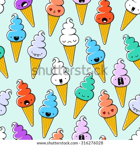 Seamless color pattern of different ice cream doodle emotion. Sweet ice cream. Smiling and angry. Love and surprise. Dessert handmade. Sketch