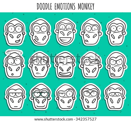 Set from 15 doodle sticker heads of monkeys with different emotions. Symbol of new year. Monkeys for festive and corporate design. Elements of design of labels, cards, brochures, inscriptions.