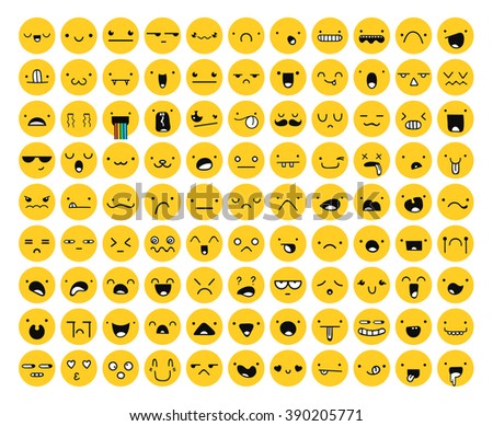 Great set 99 yellow emotion isolated on white. Emoji set. Anger and compassion. Laughter and tears. Smile and sadness. Sadness and surprise. Emotions for Web development. Stock vector. Flat icon