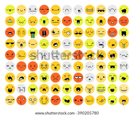 Great set 99 color emotion isolated on white. Emoji set. Anger and compassion. Laughter and tears. Smile and sadness. Sadness and surprise. Happiness and fear. Emotions for Web development.