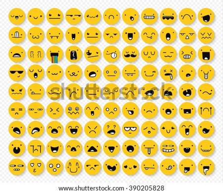 Great set of 99 yellow emotions isolated with transparent shadow. Emoji  for Web.  Anger and compassion. Laughter, tears. Smile sadness surprise. Happiness  fear.