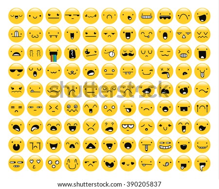 Great set of 99 yellow emotion isolated. Emoji set. Anger and compassion. Laughter and tears. Smile and sadness. Sadness and surprise. Happiness and fear. Emotions for Web development.