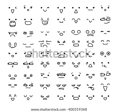 Big set of 63 emotions isolated on white.  Emoji  for Web.  Anger and compassion. Laughter, tears. Smile sadness surprise. Happiness  fear.