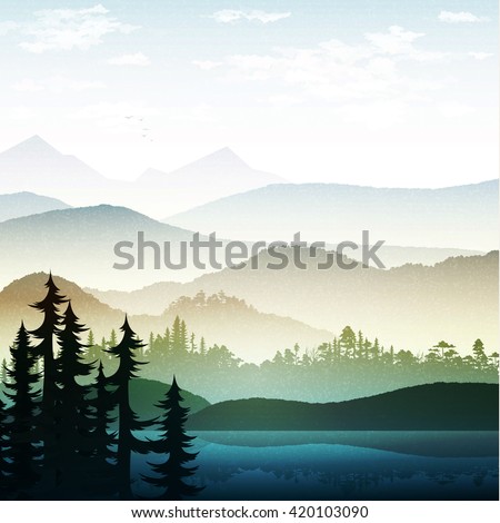 Nature and landscape Summer landscape of nature. Landscape mountain  forest and lake. Tree near lake at  foot of the mountains . Beautiful natural landscape. Mountain forests and rivers. National Park