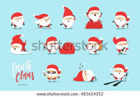 Santa Claus collection of Christmas. Characters cute flat. Funny cartoon character with different emotions. Santa Claus ready new year.
