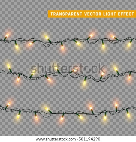 Christmas lights isolated realistic design elements. Glowing lights for Xmas Holiday greeting card design. Garlands, Christmas decorations. Christmas decoration isolated realistic luminous garland