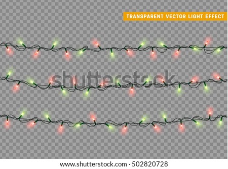 Garlands, Christmas decorations lights effects. Isolated vector design elements. Glowing lights for Xmas Holiday greeting card design. Christmas decoration realistic luminous garland
