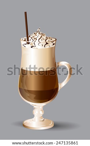Coffee drink. Isolated  Glass of mocha with cream on a grey background