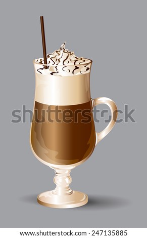 Coffee drink. Isolated  Glass of cappuccino with cream on a grey background