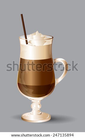 Coffee drink. Isolated  Glass of coffee latte with cream on a grey background