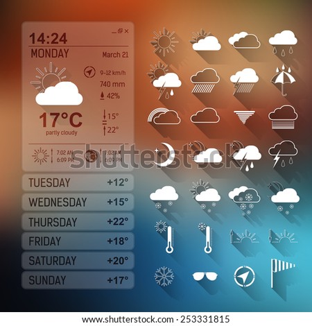 Vector set of weather icons on blurred background. Template illustration  of weather forecast widget for web and mobile design