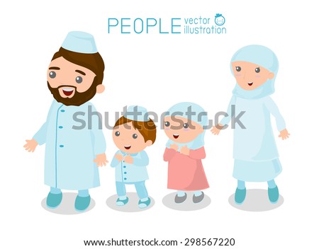 Happy Muslim family cartoon on white background, Happy cartoon family. Muslim people.       Vector Illustration