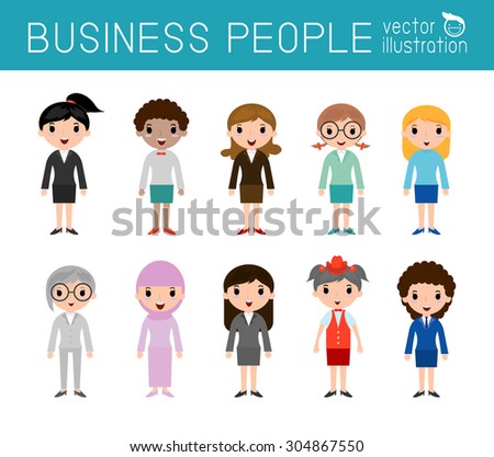 Set of diverse businesswomen people isolated on white background. Set of full body diverse business people.Different nationalities and dress styles.people character cartoon concept.flat modern design