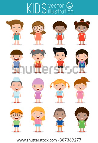 Set of diverse kids isolated on white background. . Different nationalities and dress styles. European children, America's Children, Asian children,African children, happy children,Vector Illustration