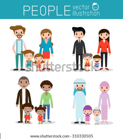 set of Happy family, Different nationalities and dress styles, people character cartoon concept,  African-American, Asian, Arab, European,family, mother, father, girl, boy, Vector Illustration