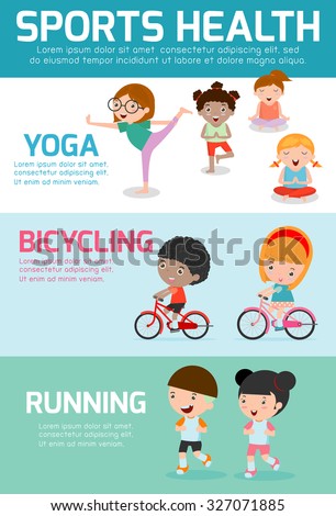 Sports Health Infographics, Sports Health concept people exercise , cycling, running, yoga. kids sports health, child sports health, vector illustration.